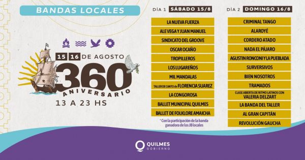 Festejos por el 360 aniversario de Quilmes: el calendario de actividades